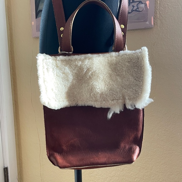 Genuine Leather Brown Crossbody Satchel Bag with Shearling Fur Trim - Picture 1 of 10